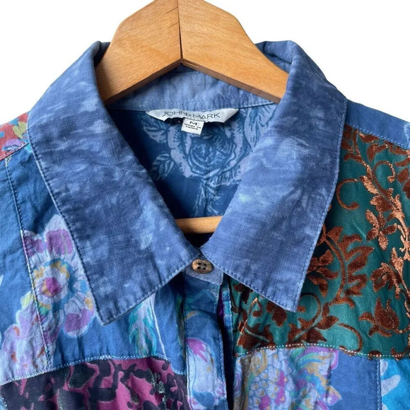 John Mark Patchwork Tunic Button Front Long Roll-Tab Sleeve Blouse Size M Blue - Picture 4 of 5